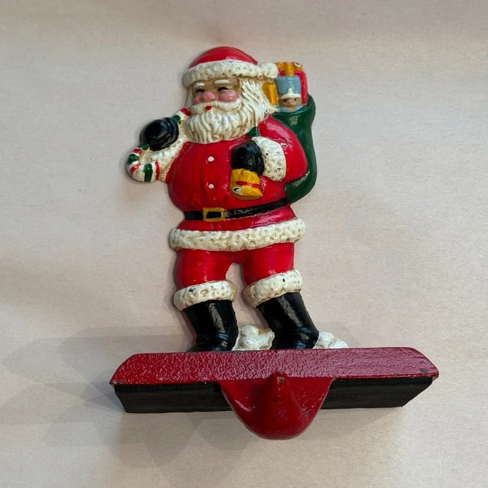 Vintage‎ Cast Iron Santa Claus Stocking Holder Mantle Hook Christmas Decor Retro